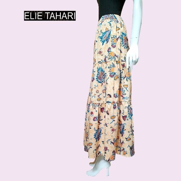 ELIE TAHARI NEW SUNLIT GARDEN Bohemian Floral Tiered Full Midi Skirt L - Picture 6 of 11